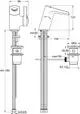 Waschtischarmatur von Ideal Standard mit Wasserfallauslauf und Ablaufschlauch. Enthält flexible Anschlussschläuche und eine Montageplatte. Technische Zeichnung mit Abmessungen.